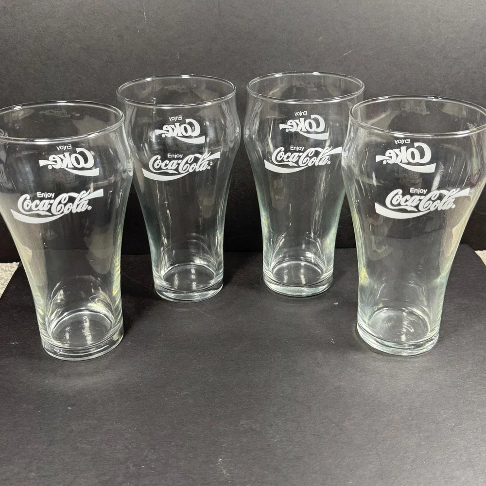 Coca-Cola Drinking Glasses Clear White Logo Bell Shape Set of 4 16oz 6in